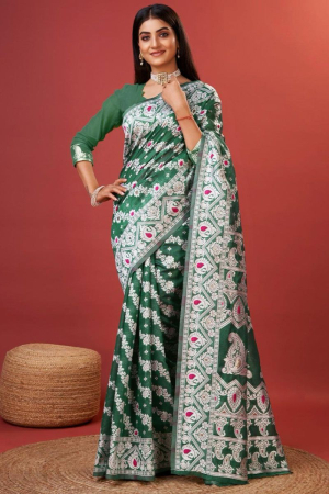 Forest Green Jacquard Woven Soft Cotton Saree