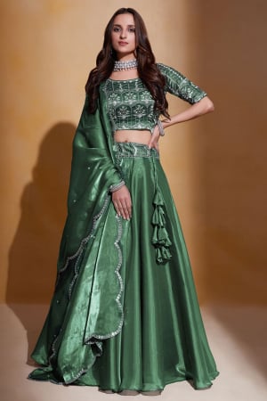 Forest Green Organza Silk Lehenga with Sequined Silk Choli