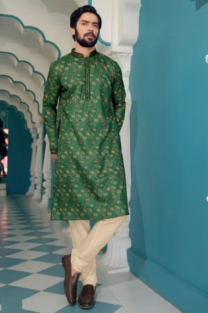 Forest Green Printed Polyester Kurta Set