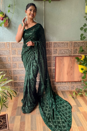 Forest Green Sequins Embroidered Georgette Saree