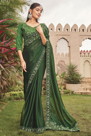 Forest Green Shimmer Saree with Embroidered Blouse