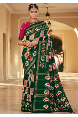 Forest Green Traditional Print Patola Silk Saree