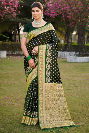 Forest Green Woven Satin Silk Saree