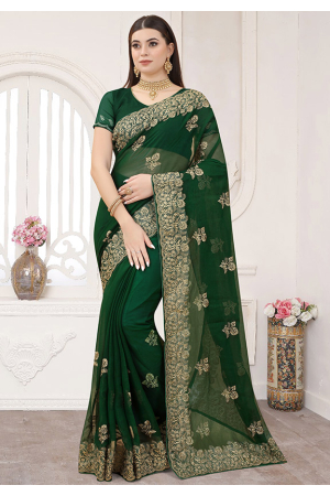 Forest Green Zari Embroidered Shimmer Silk Saree