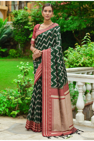Forest Green Zari Woven Handloom Raw Silk Saree