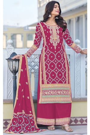 Fuchsia Embroidered Chinnon Silk Palazzo Kameez