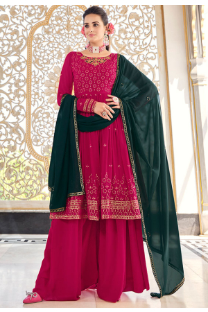Fuchsia Embroidered Georgette Readymade Palazzo Kameez