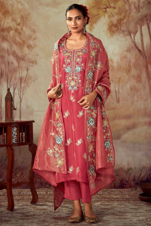 Gajari Pink Embroidered Silk Plus Size Pant Kameez