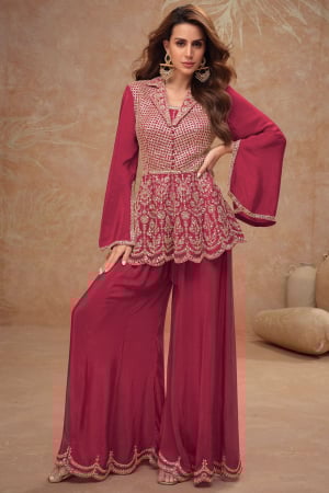 Gajari Pink Emroidered Chinnon Palazzo Kameez