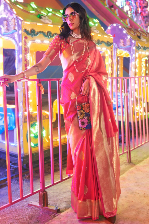 Gajari Pink Handloom Weaving Silk Saree