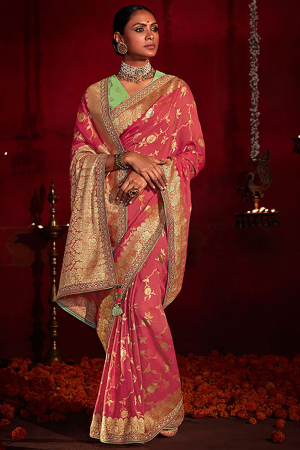 Gajari Pink Pure Dola Silk Heavy Designer Saree
