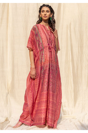 Gajari Pink Soft Silk Digital Printed Kaftan Gown
