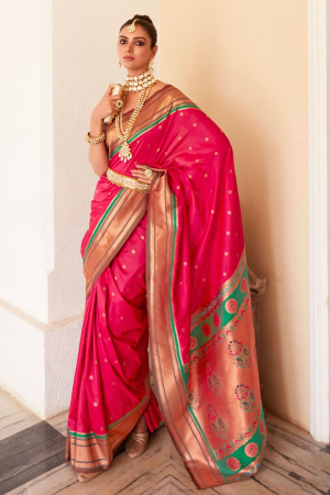 Gajari Pink Woven Peshwai Paithani Silk Saree