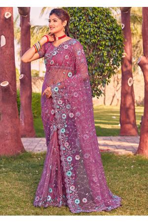 Gajri Pink Heavy Net Embroidered Designer Saree
