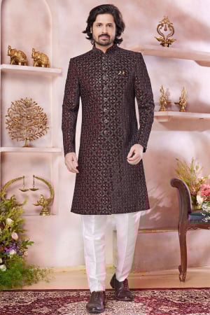 Garnet Maroon Embroidered Art Silk Designer Sherwani