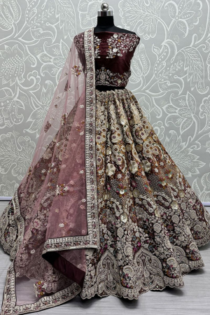 Garnet Maroon Embroidered Velvet Bridal Lehenga Choli