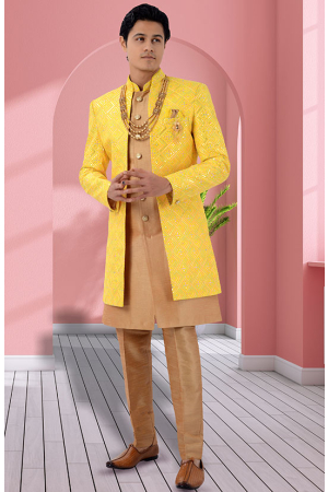 Golden and Yellow 3 Piece Jacket Style Sherwani