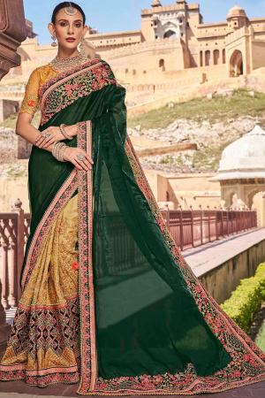 Golden Apricot and Bottle Green Heavy Wedding Wear Saree