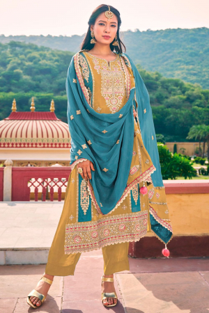 Golden Apricot Embroidered Chinnon Trouser Kameez