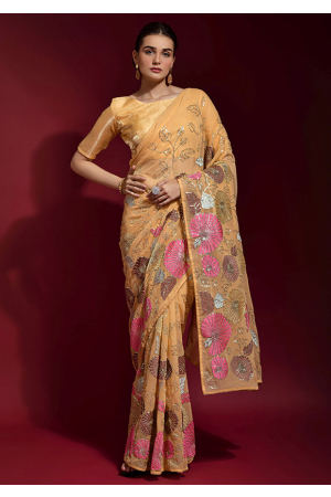 Golden Apricot Embroidered Georgette Saree