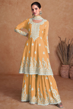 Golden Apricot Embroidered Silk Palazzo Kameez