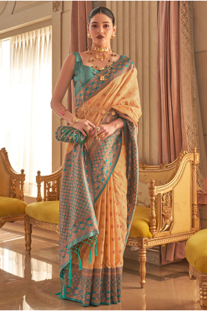 Golden Apricot Zari Woven Handloom Silk Saree