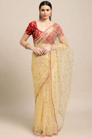 Golden Cream Sequins Embroidered Net Saree