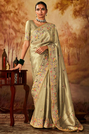 Golden Cream Silk Embroidered Saree