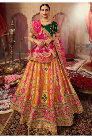 Golden Embroidered Banarasi Silk Bridal Lehenga Set