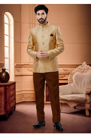 Golden Jacquard Jodhpuri Suit