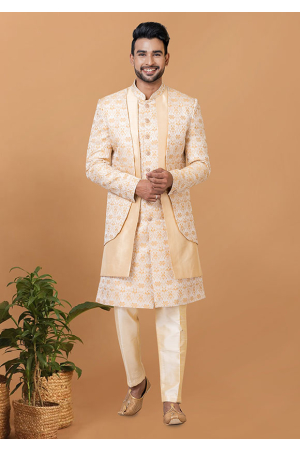 Golden Jacquard Silk Indo Western Outfit