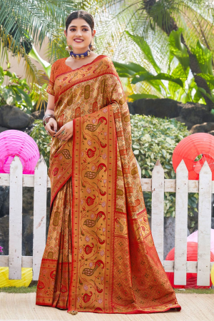 Golden Kanjivaram Silk Woven Saree