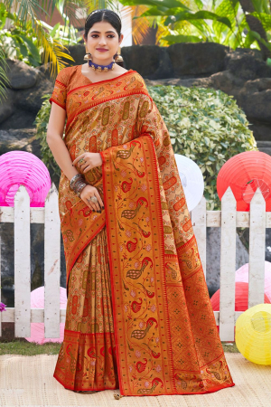 Golden Kanjivaram Silk Woven Saree