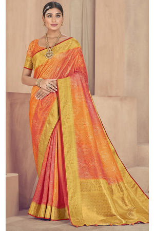 Golden Orange and Pink Patola Silk Saree