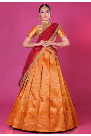 Golden Orange Banarasi Silk Zari Woven Lehenga Choli Set