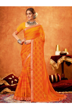 Golden Orange Chiffon Embroidered Saree