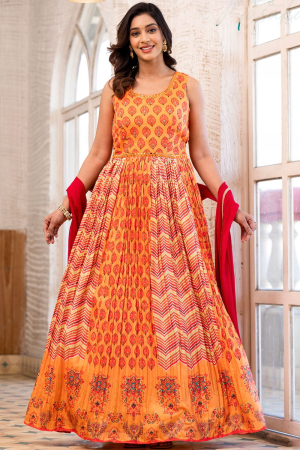 Golden Orange Dola Silk Flared Anarkali Gown with Dupatta