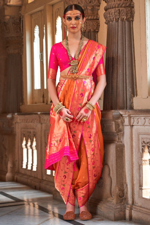 Golden Orange Paithani Weaving Silk Saree for Wedding