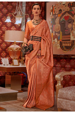 Golden Orange Zari Woven Handloom Silk Saree