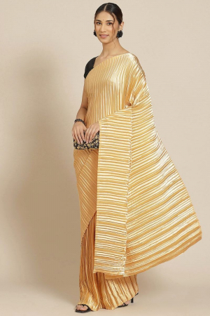 Golden Pleated Satin Silk Partywear Saree