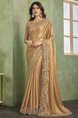 Golden Satin Saree with Embroidered Blouse