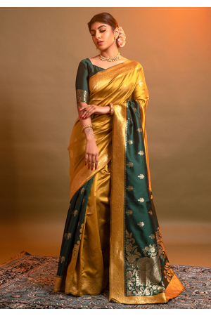 Golden Yellow and Bottle Green Banarasi Silk Jacquard Woven Saree