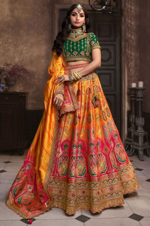 Golden Yellow and Rani Pink Banarasi Designer Bridal Lehenga Choli