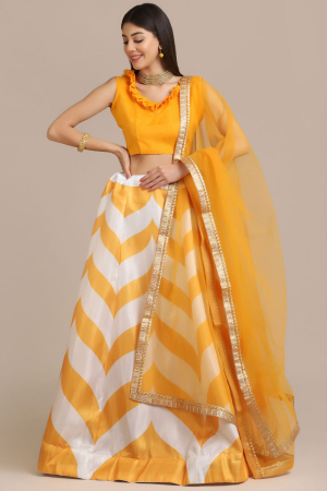 Golden Yellow and White Banglori Silk Partywear Lehenga Choli