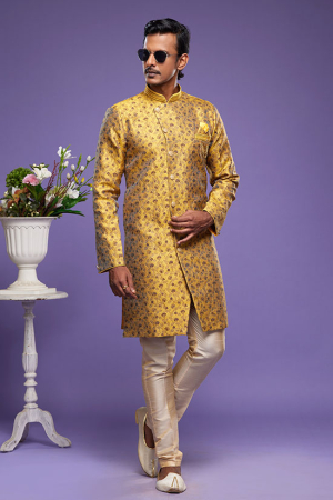 Golden Yellow Banarasi Jacquard Indo Western Outfit