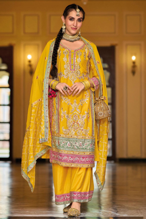 Golden Yellow Embroidered Chinnon Designer Palazzo Kameez