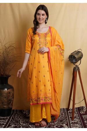 Golden Yellow Embroidered Cotton Plus Size Suit