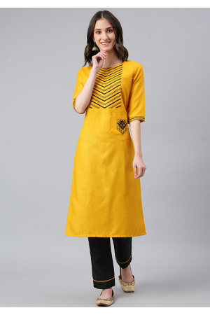 Golden Yellow Embroidered Cotton Silk Kurti with Pant