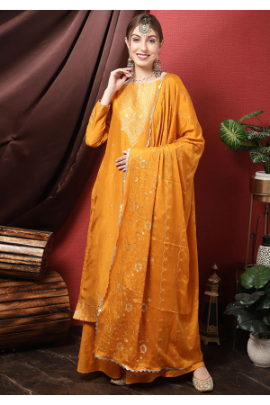 Golden Yellow Embroidered Dola Silk Plus Size Suit