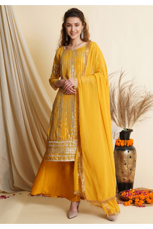 Golden Yellow Embroidered Georgette Plus Size Suit